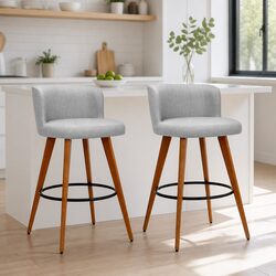 Bar Stools Padded Wooden Linen Seat Backrest Anti-Slip Footrest Grey Set of 2