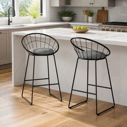 Set of 2 Black Bar Stools - Padded Seat & Metal Frame