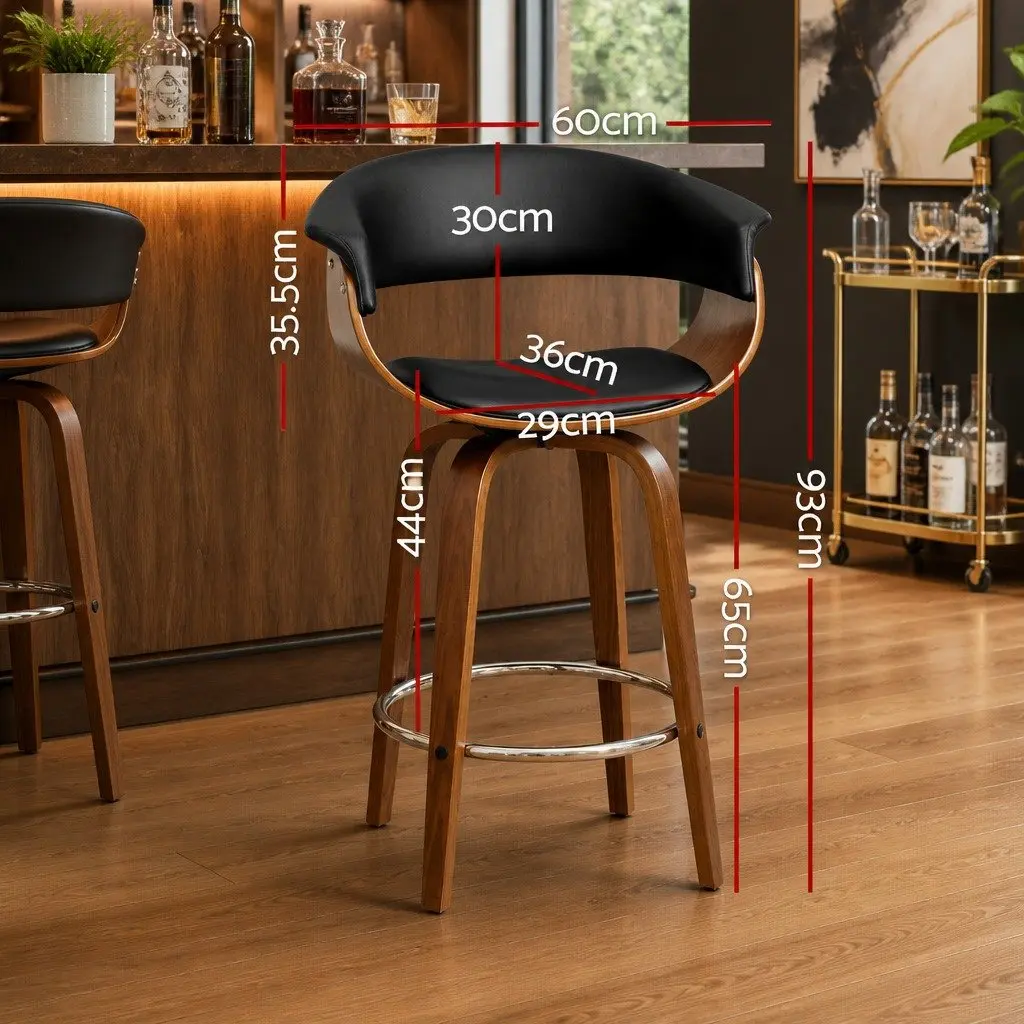Bar Stools for Kitchen or Home Bar Swivel PU Leather Seat Wooden Frame Black 93cm Height