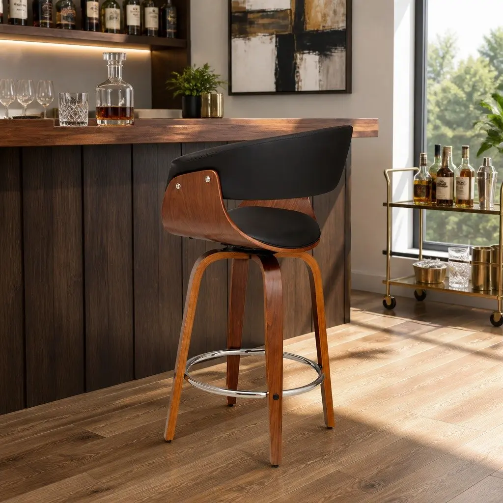 Bar Stools for Kitchen or Home Bar Swivel PU Leather Seat Wooden Frame Black 93cm Height