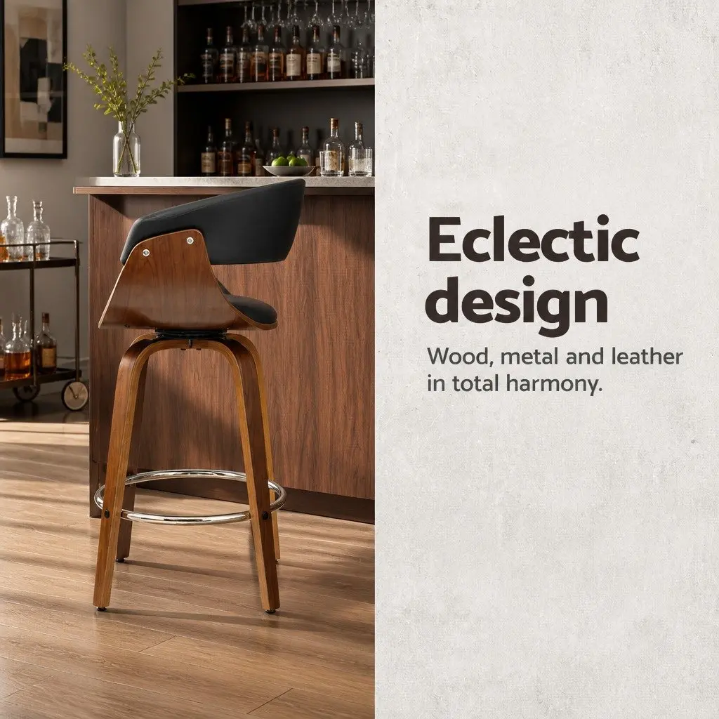 Bar Stools for Kitchen or Home Bar Swivel PU Leather Seat Wooden Frame Black 93cm Height