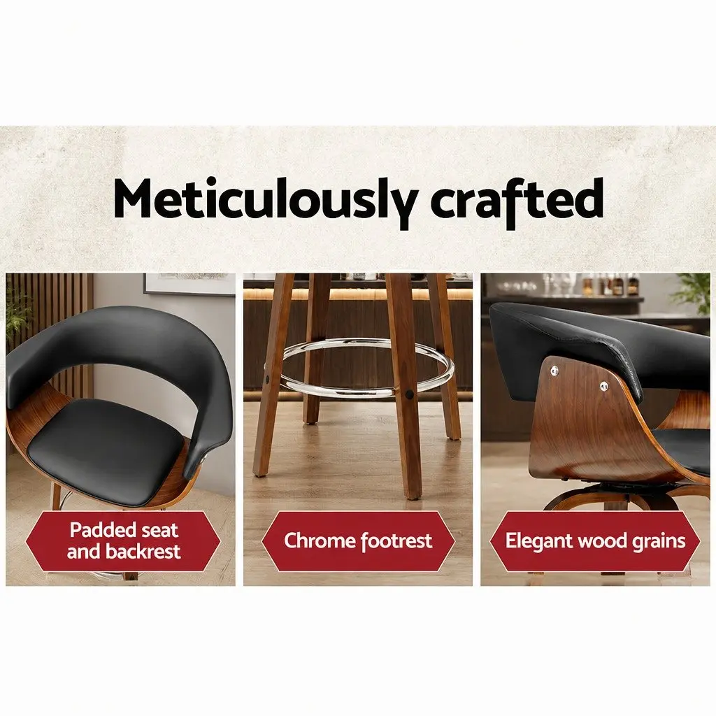 Bar Stools for Kitchen or Home Bar Swivel PU Leather Seat Wooden Frame Black 93cm Height