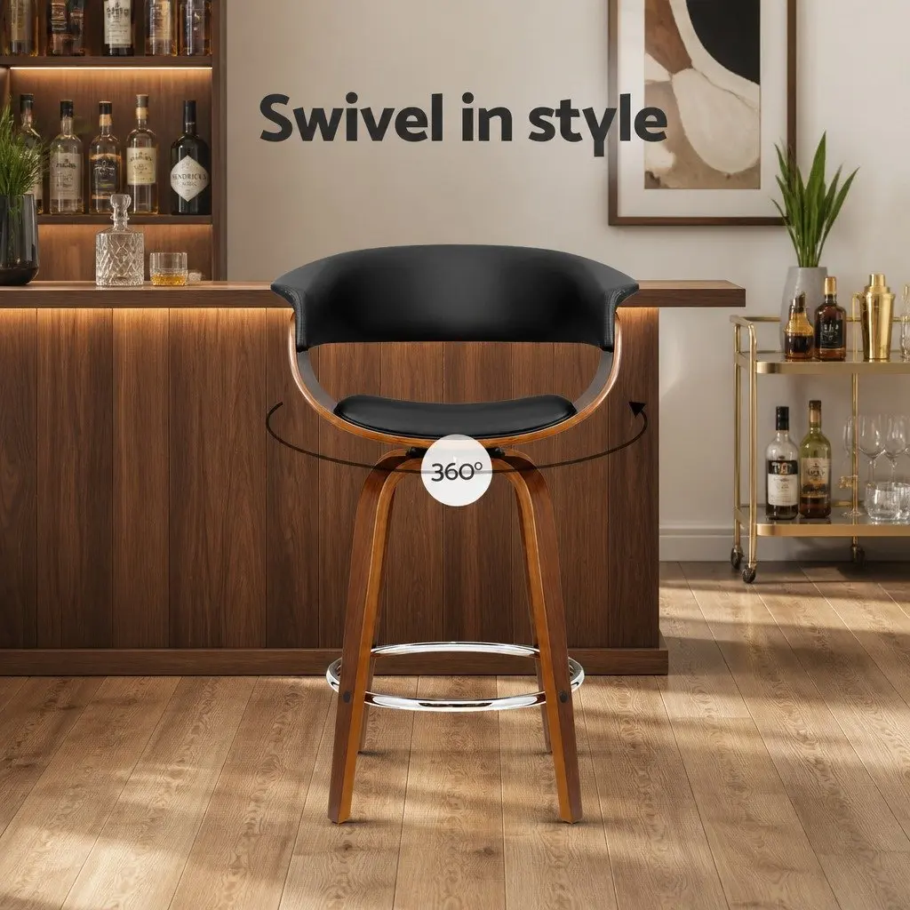 Bar Stools for Kitchen or Home Bar Swivel PU Leather Seat Wooden Frame Black 93cm Height