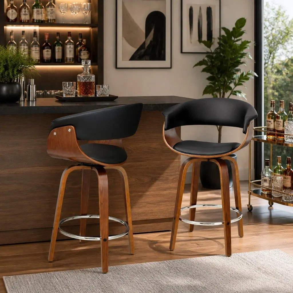 Bar Stools for Kitchen or Home Bar Swivel PU Leather Seat Wooden Frame Black 93cm Height