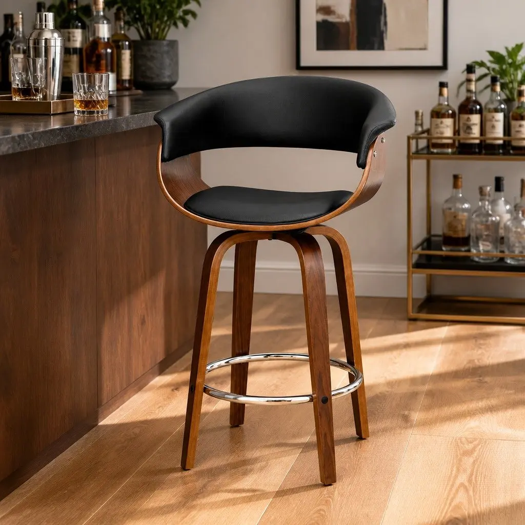 Bar Stools for Kitchen or Home Bar Swivel PU Leather Seat Wooden Frame Black 93cm Height