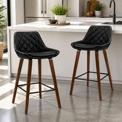 Bar Stools Set of 4 - Black PU Leather and Bentwood Legs