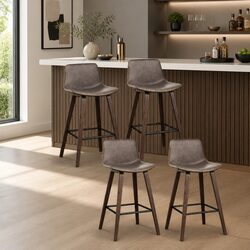 Bar Stools Set of 4 Wooden Bentwood Mid-Height Backrest Brown PU Leather Padded
