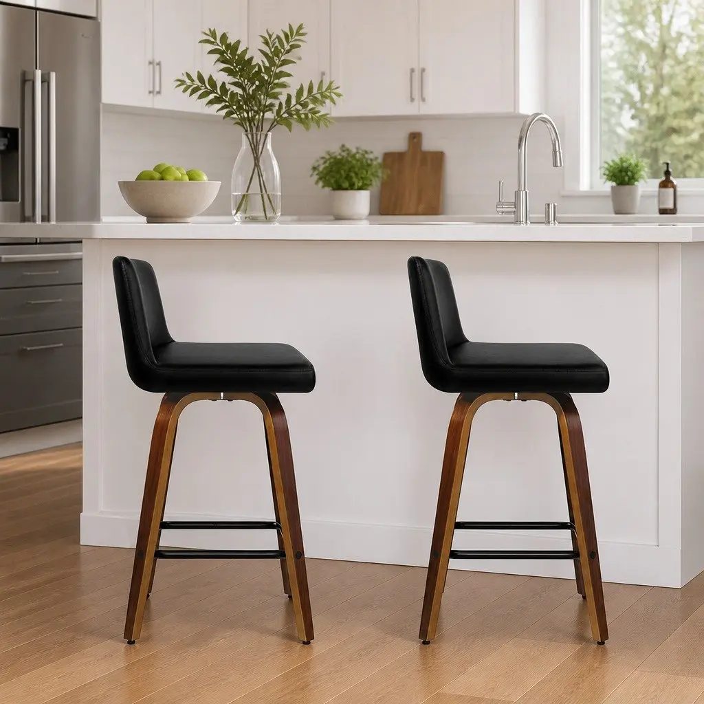 Bar Stools Swivel Padded Backrest Black Wooden Kitchen Dining 2 Pack Set