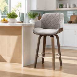 Bar Stools Swivel Velvet Padded Wooden Grey Kitchen Dining Chair Footrest 96cm