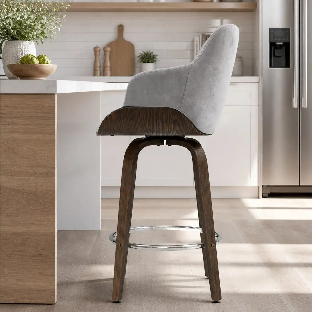 Grey Velvet Swivel Bar Stool