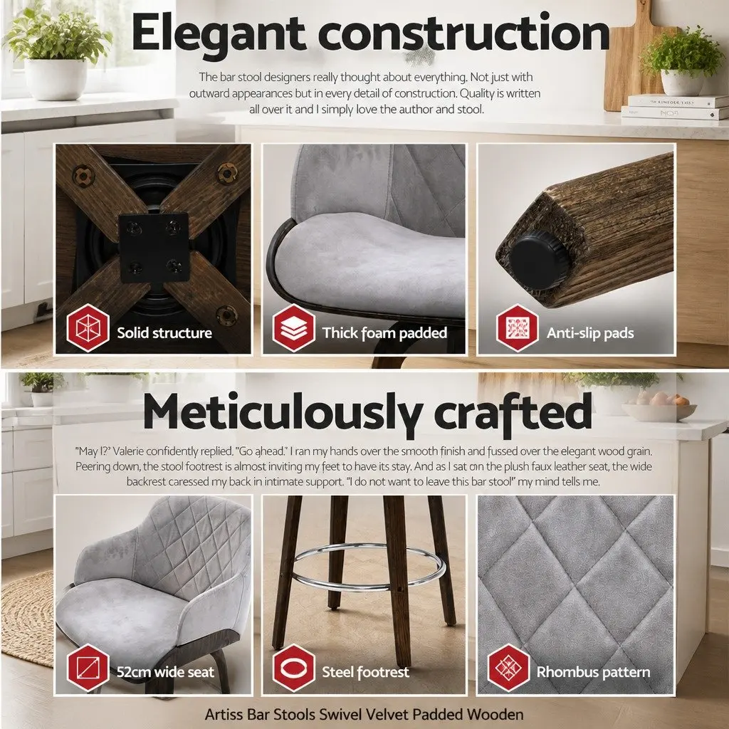 Grey Velvet Swivel Bar Stool