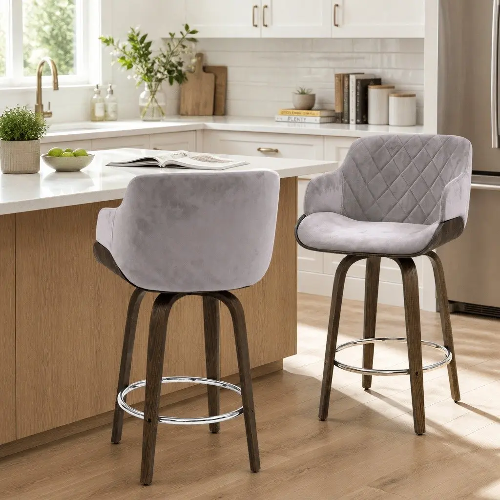 Grey Velvet Swivel Bar Stool
