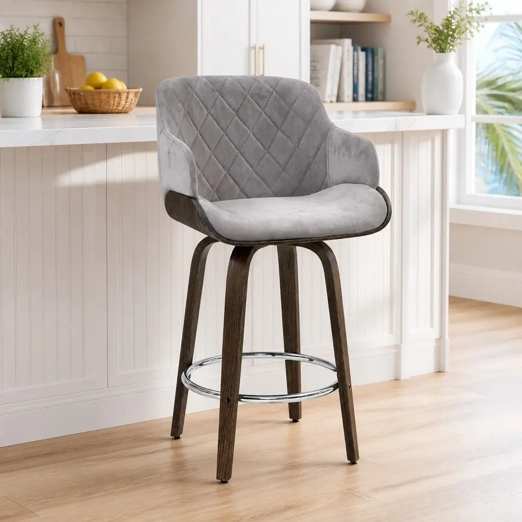 Grey Velvet Swivel Bar Stool