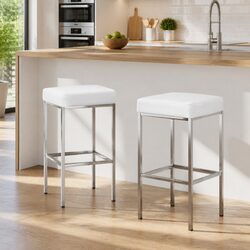 Bar Stools Set of 2: White PU Leather and Steel Legs