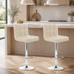 Beige Bar Stools Set of 2 with Steel Base and Adjustable Height