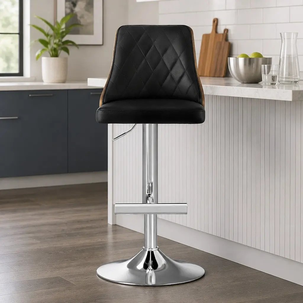 Bar Stools Set of 2 Swivel Adjustable Height Black Leather Kitchen Counter Seat