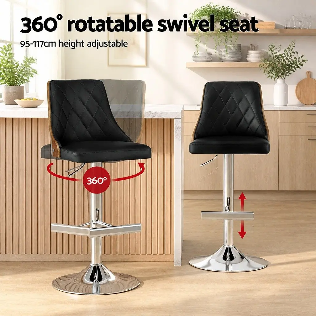 Bar Stools Set of 2 Swivel Adjustable Height Black Leather Kitchen Counter Seat
