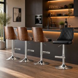 Bar Stools Set of 4 Swivel Adjustable Height Black Leather Kitchen Counter