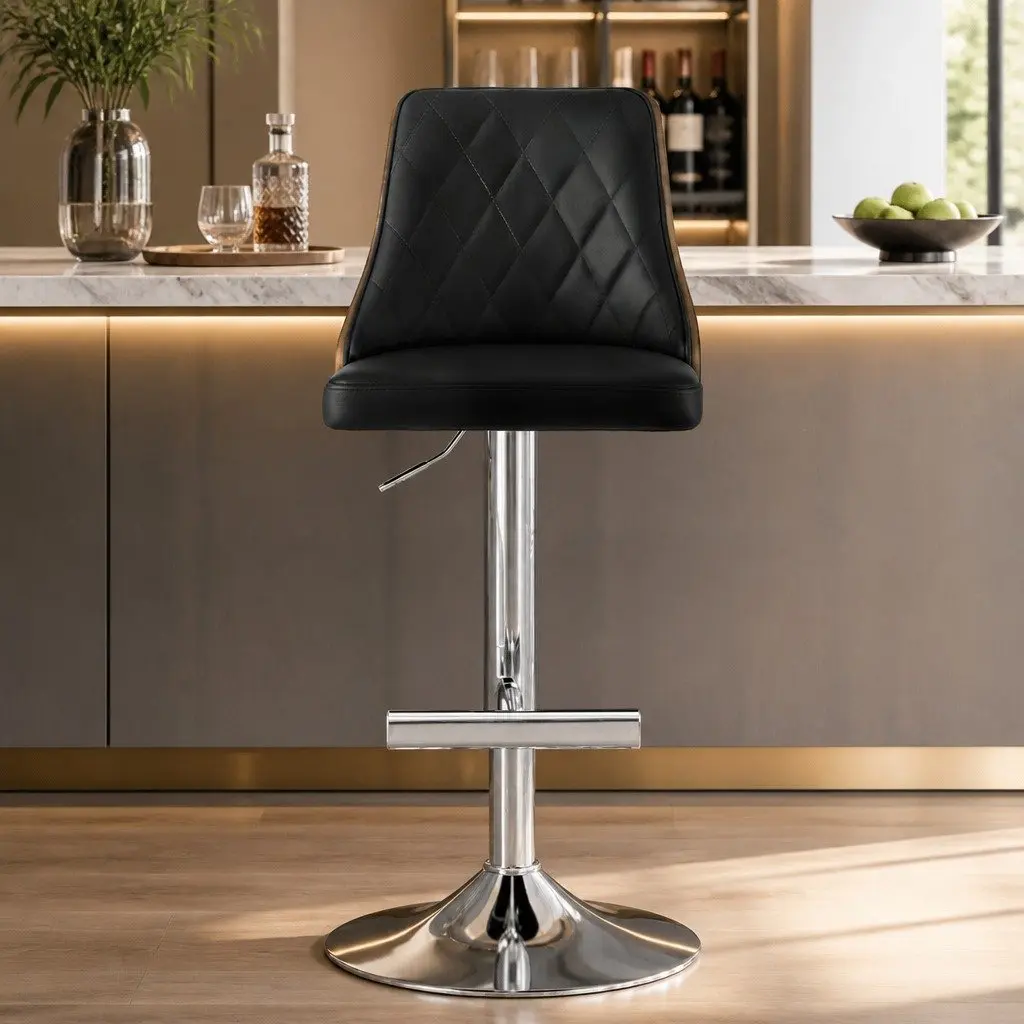 Bar Stool Swivel Adjustable Height Black Leather Kitchen Counter Bentwood