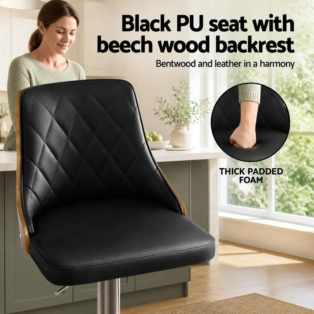 Bar Stool Swivel Adjustable Height Black Leather Kitchen Counter Bentwood
