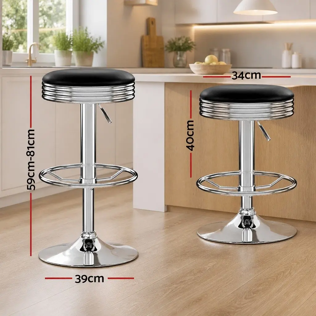 Bar Stools Set of 2 Backless Swivel Kitchen Seating Chrome Base Black PU Leather