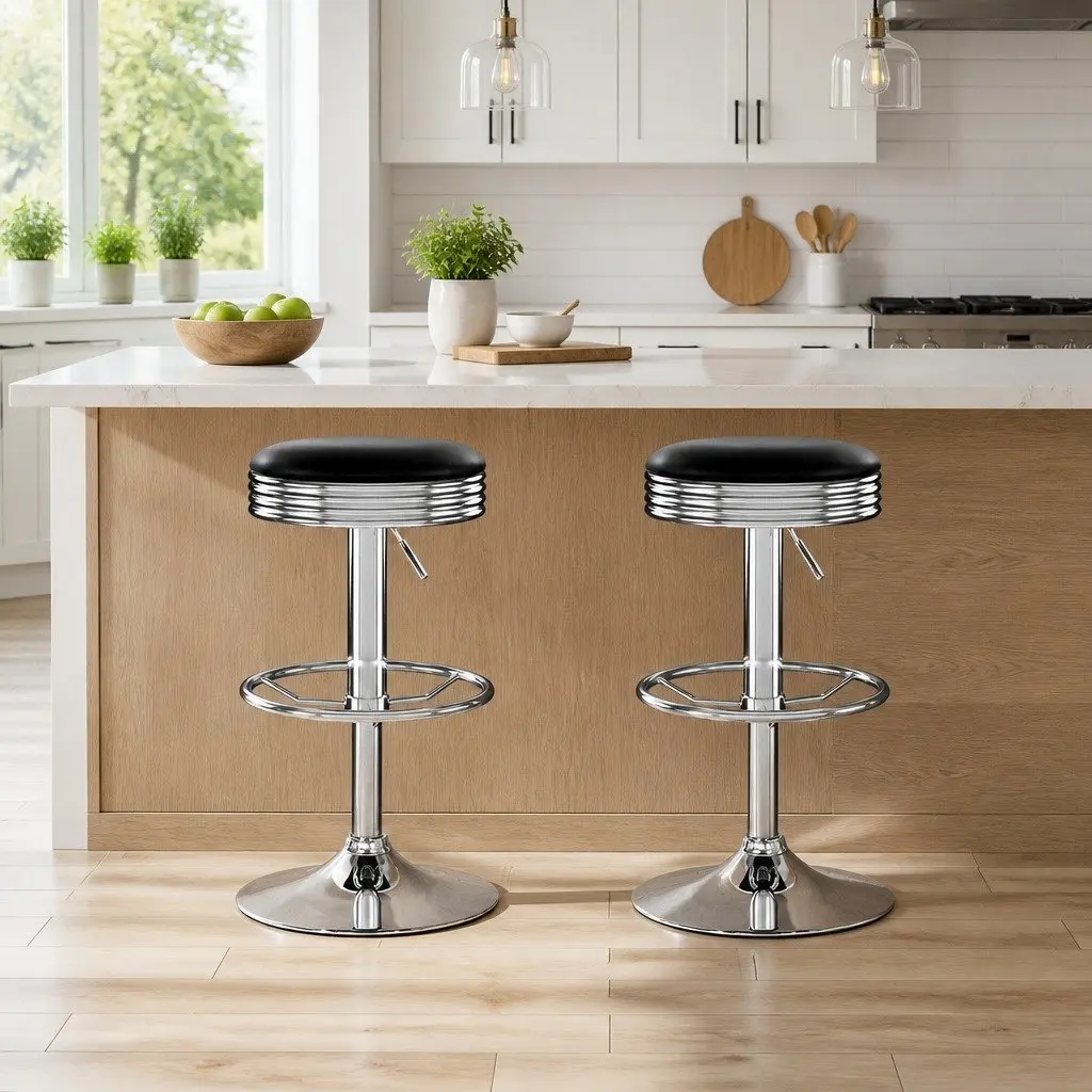 Bar Stools Set of 2 Backless Swivel Kitchen Seating Chrome Base Black PU Leather