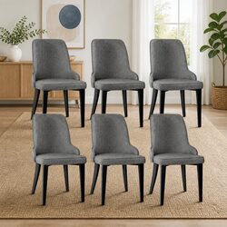 Dining Chairs Set of 6 - Grey Linen Fabric & Steel Legs