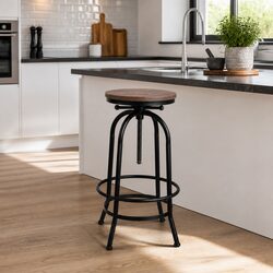 Adjustable Bar Stool: Black Steel Frame, Wooden Seat, 70–90 cm Height