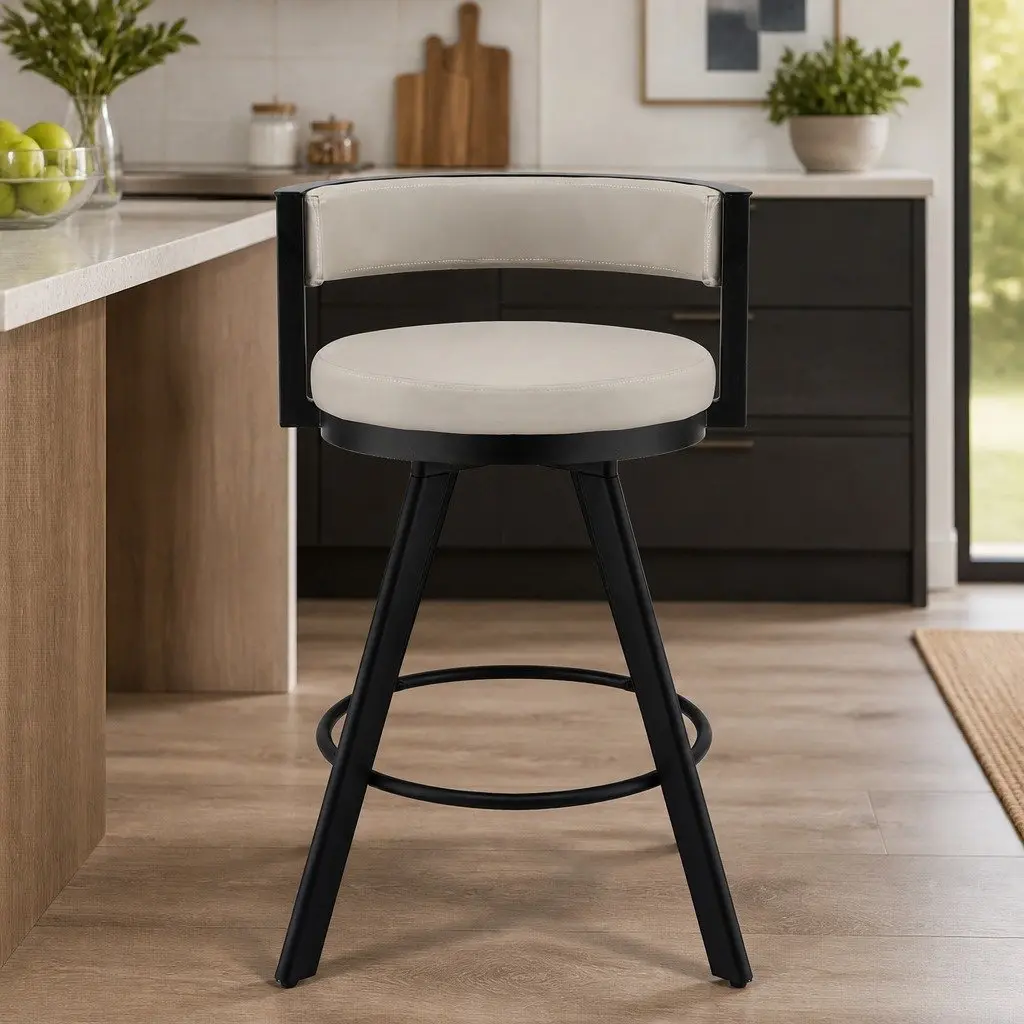 Bar Stool Swivel Chair Kitchen Counter Beige PU Leather Padded Backrest Metal