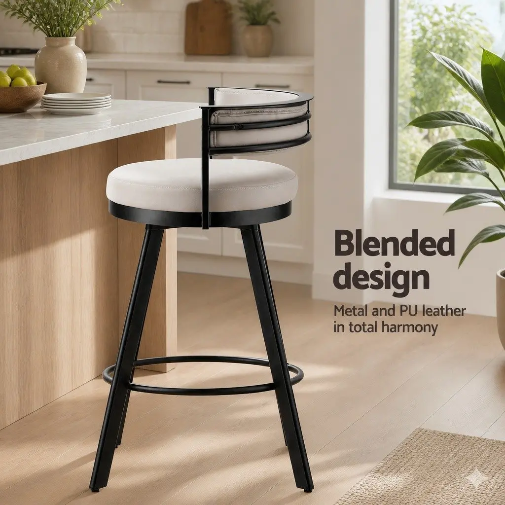 Bar Stool Swivel Chair Kitchen Counter Beige PU Leather Padded Backrest Metal