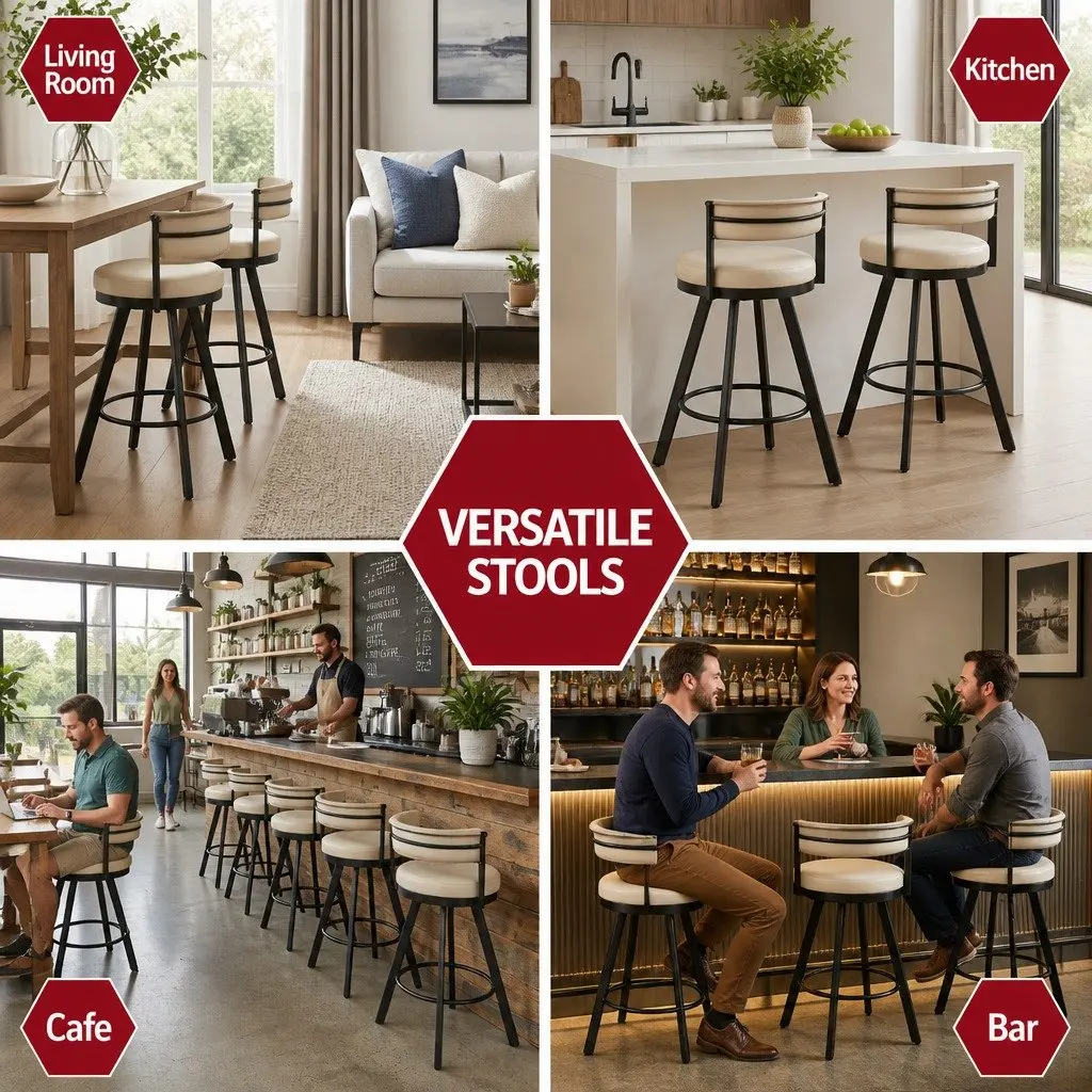 Bar Stool Swivel Chair Kitchen Counter Beige PU Leather Padded Backrest Metal