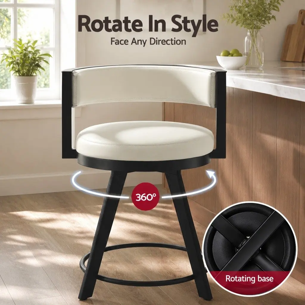 Bar Stool Swivel Chair Kitchen Counter Beige PU Leather Padded Backrest Metal