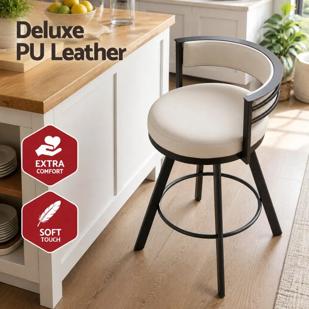 Bar Stool Swivel Chair Kitchen Counter Beige PU Leather Padded Backrest Metal