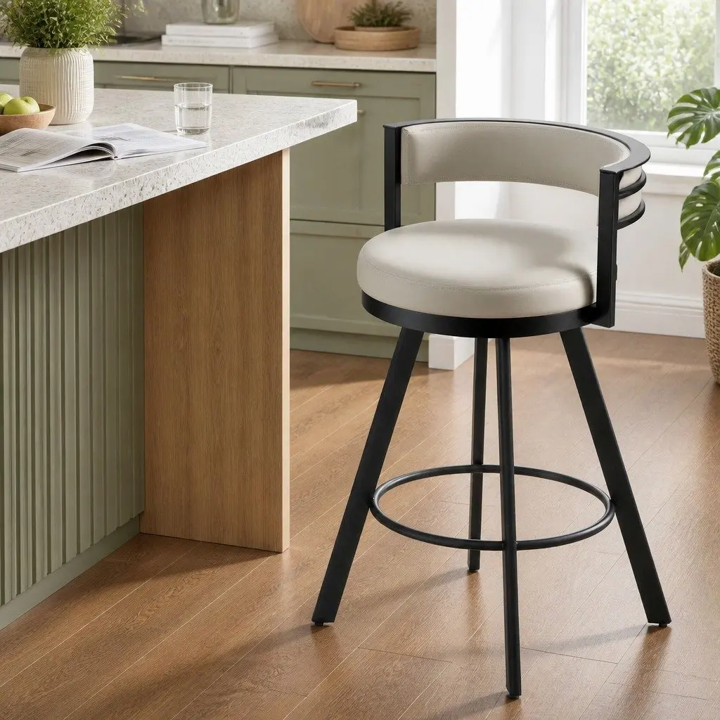 Bar Stool Swivel Chair Kitchen Counter Beige PU Leather Padded Backrest Metal