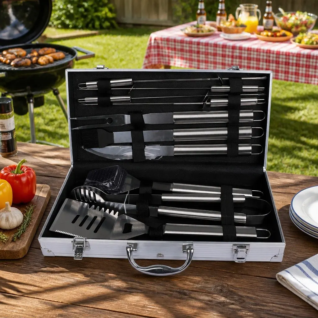 BBQ Tool Set for Outdoor Use 10 Piece Stainless Steel with Aluminium Case