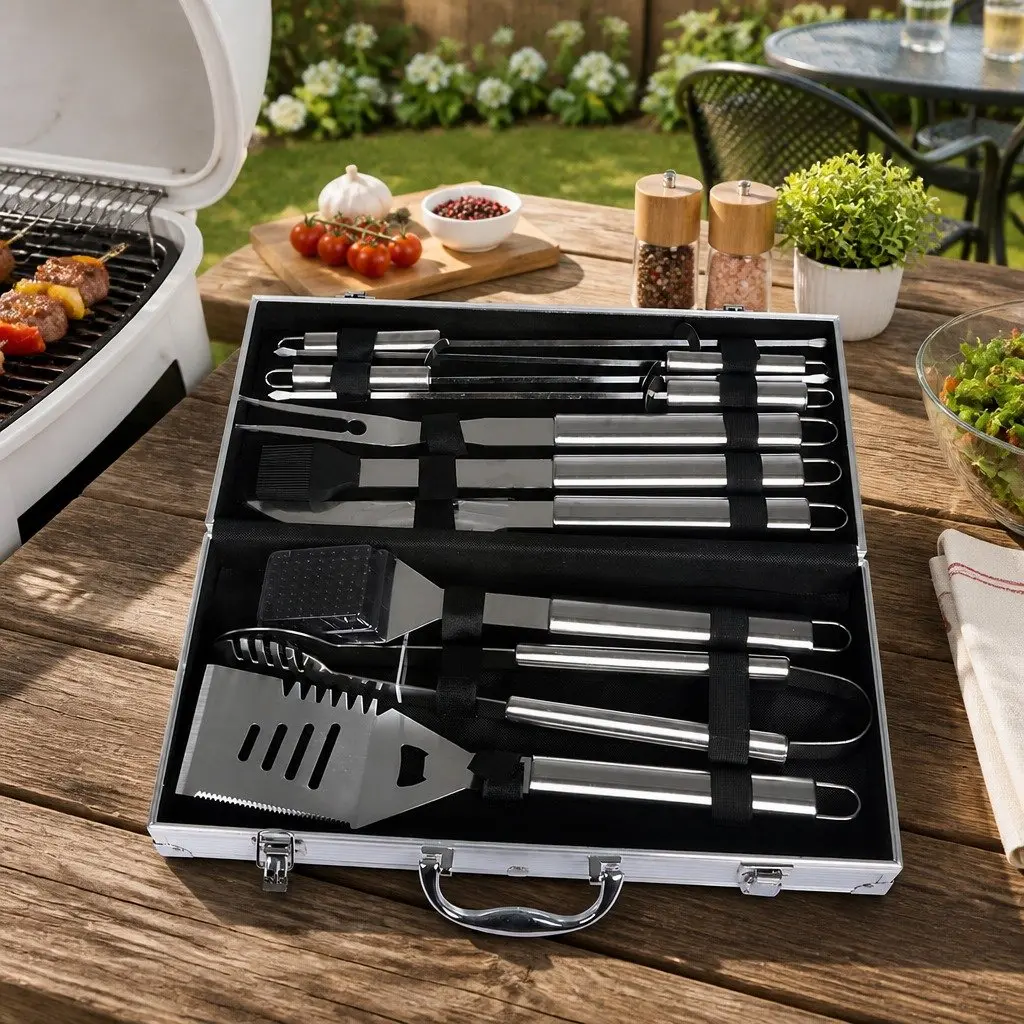 BBQ Tool Set for Outdoor Use 10 Piece Stainless Steel with Aluminium Case