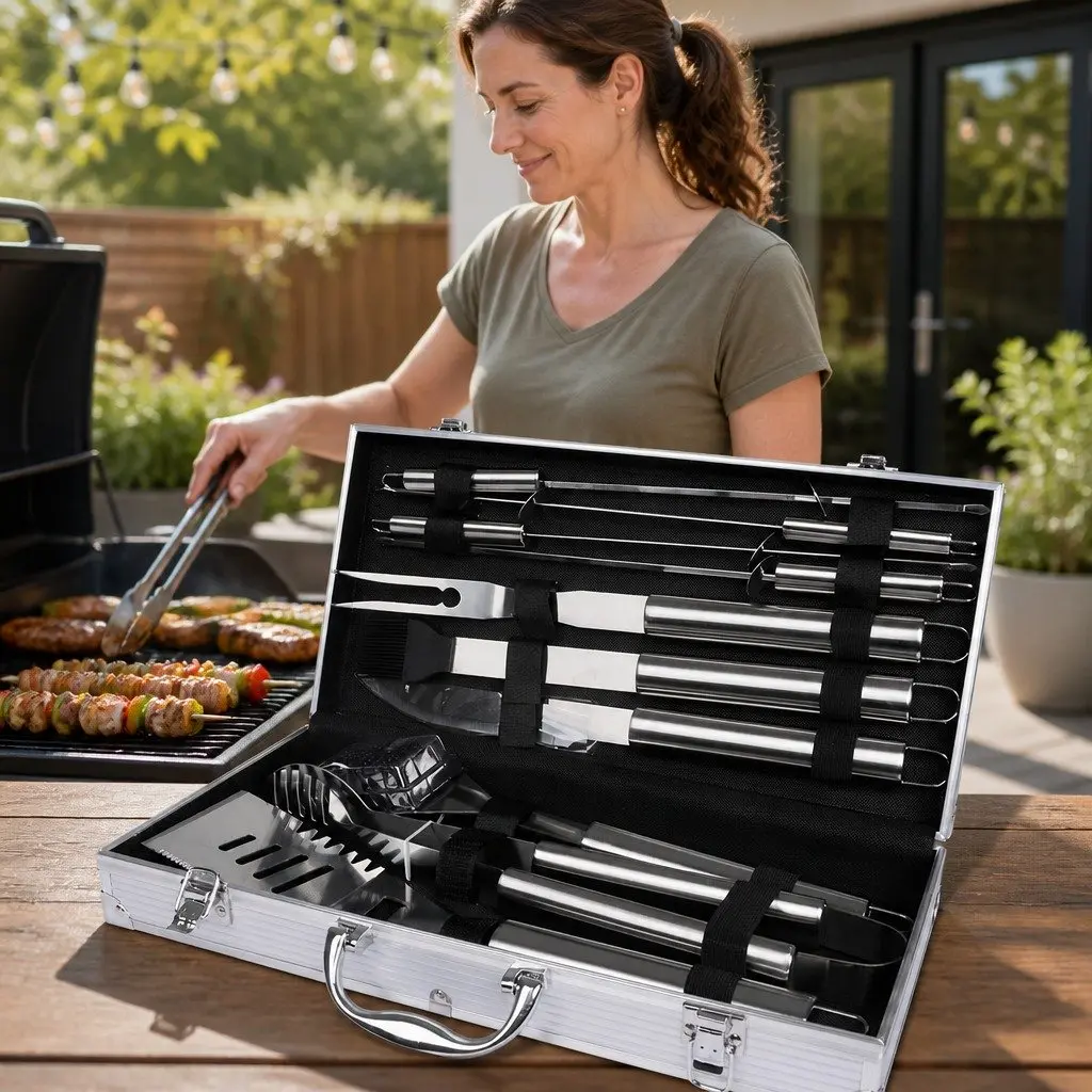 BBQ Tool Set for Outdoor Use 10 Piece Stainless Steel with Aluminium Case