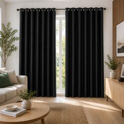 Black Eyelet Blockout Curtains 300cm x 230cm, 2 Panels