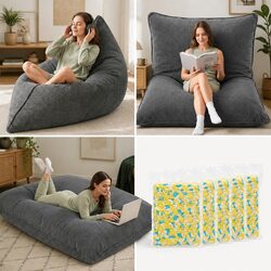 3 in 1 Bean Bag Chair - Grey Corduroy with Memory Foam
