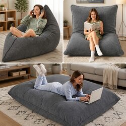 3 in 1 Bean Bag Chair Cover Convertible Floor Cushion Sofa Seat Grey Corduroy