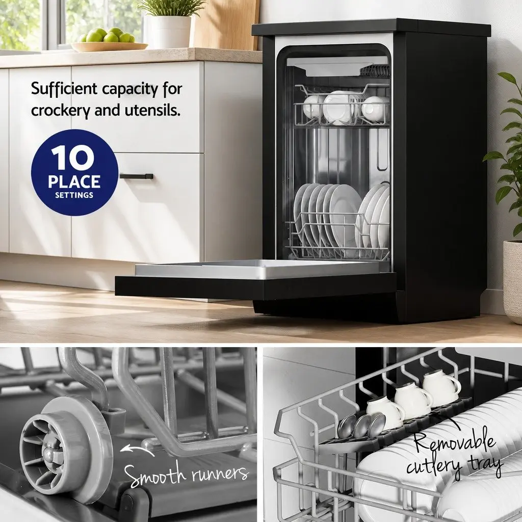 Freestanding Dishwasher Kitchen 10 Place Settings Black 8 Cleaning Programs