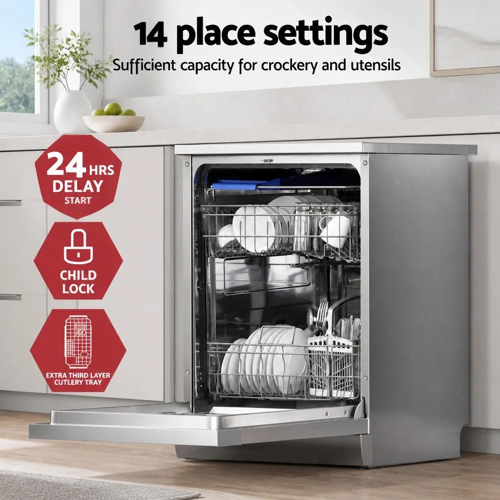 Freestanding Dishwasher 60cm 14 Place Settings Silver Stainless Steel Tub