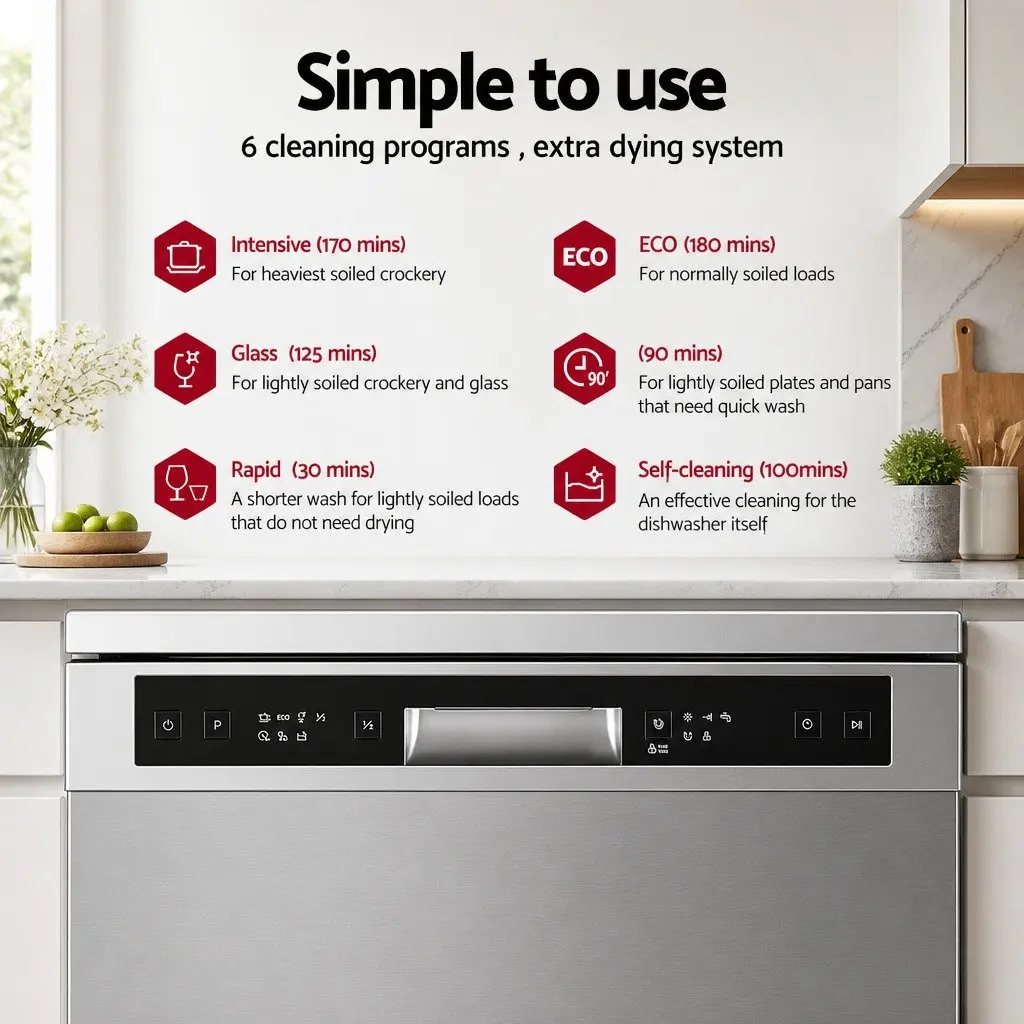 Freestanding Dishwasher 60cm 14 Place Settings Silver Stainless Steel Tub