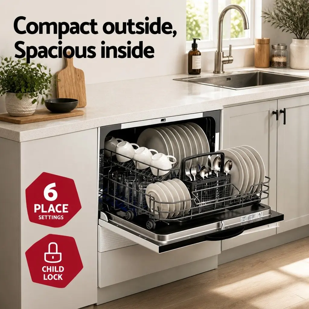 6-Place Setting Benchtop Dishwasher 50cm White Freestanding Built-in Kitchen