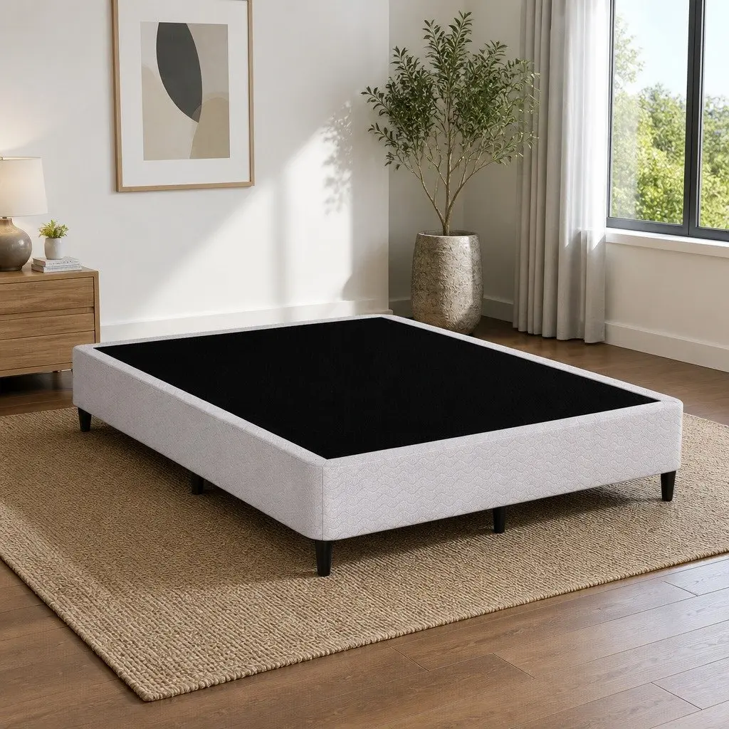 Queen Size Metal Bed Frame for Bedroom Grey Fabric Cover