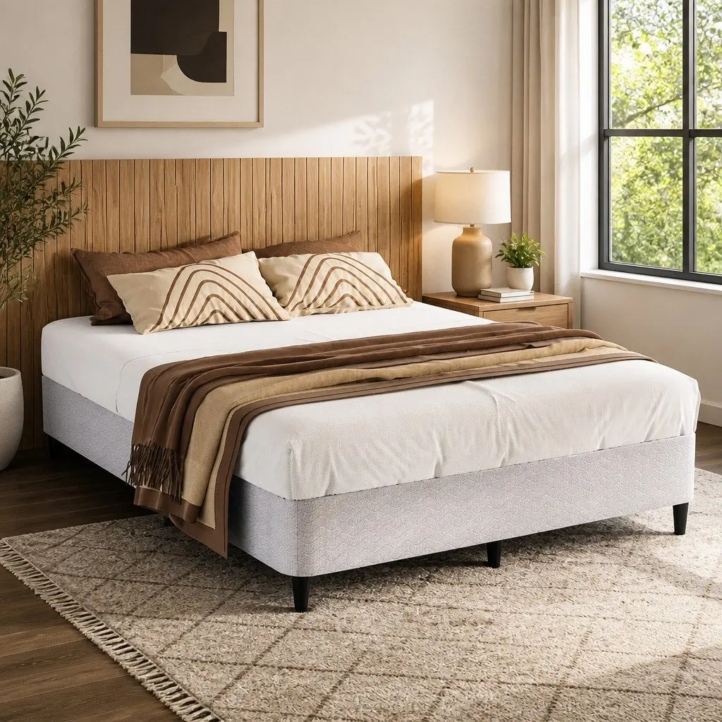 Queen Size Metal Bed Frame for Bedroom Grey Fabric Cover