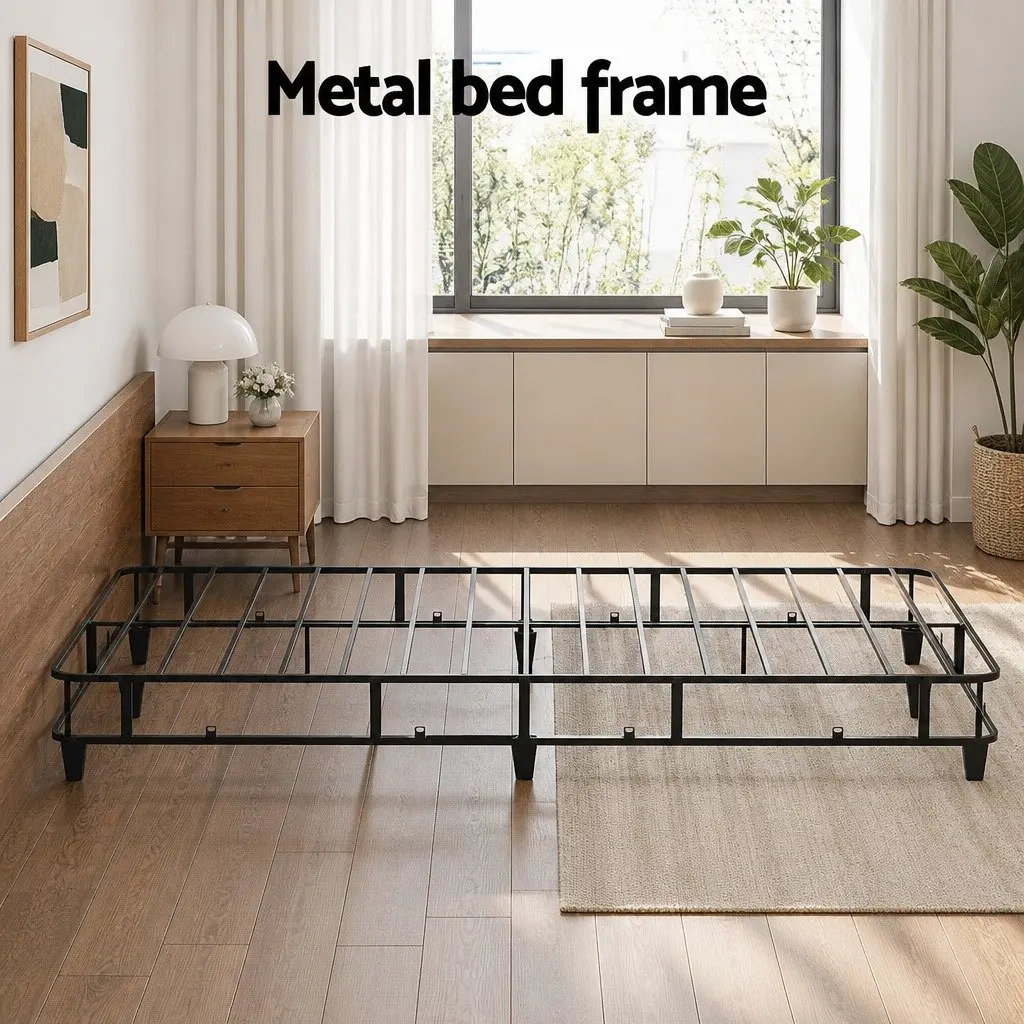 Queen Size Metal Bed Frame for Bedroom Grey Fabric Cover