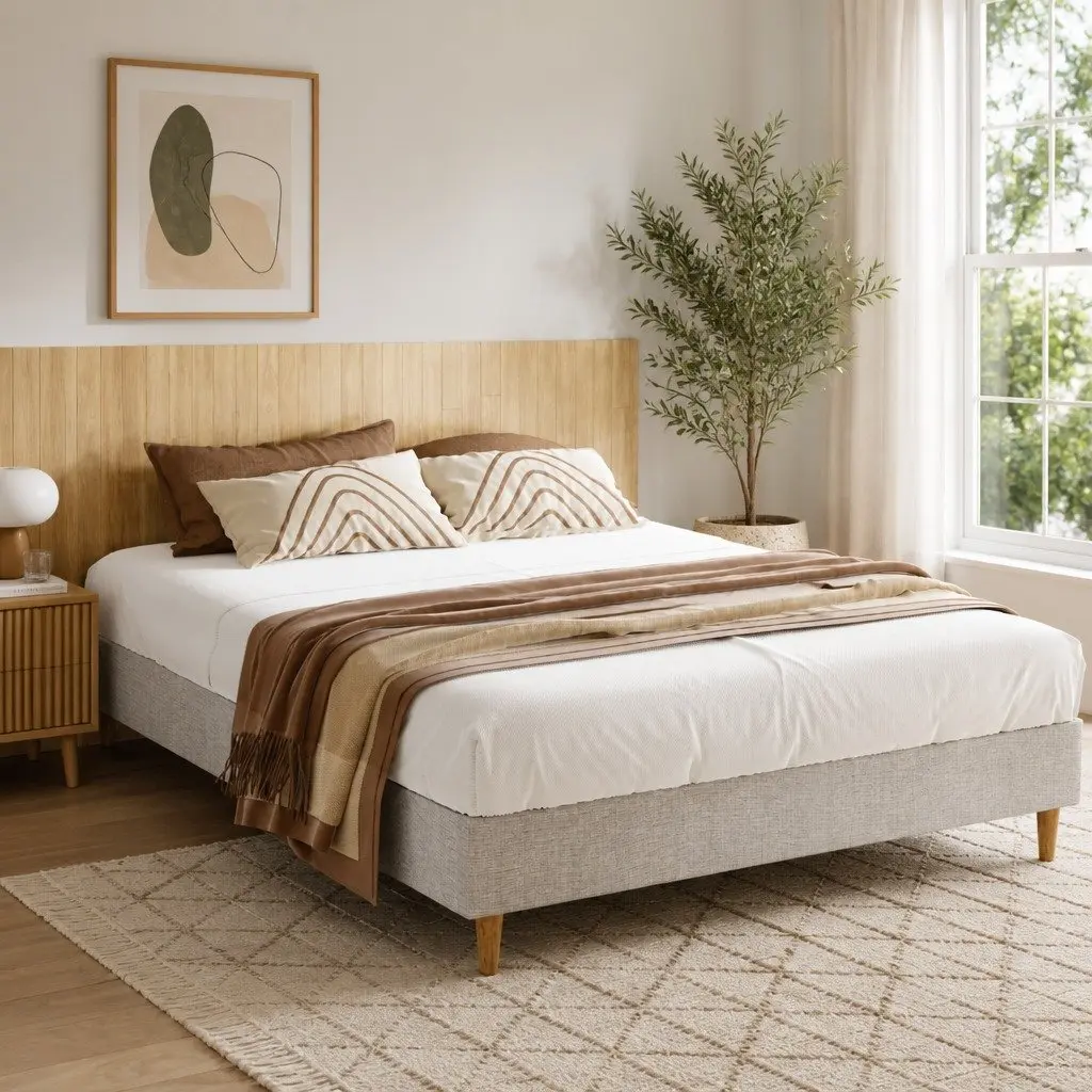 Queen Size Bed Frame Upholstered Beige Bedroom Furniture Wooden Slat Base
