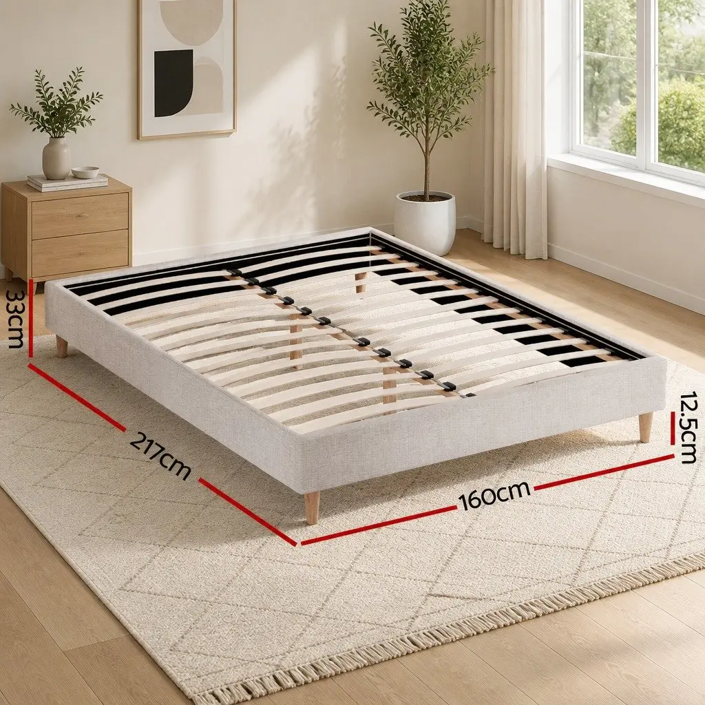Queen Size Bed Frame Upholstered Beige Bedroom Furniture Wooden Slat Base