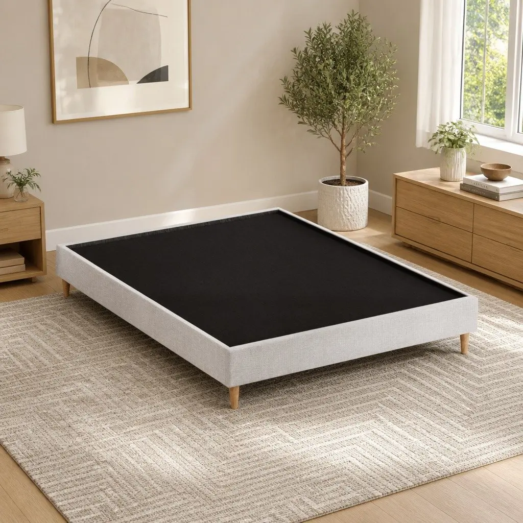 Queen Size Bed Frame Upholstered Beige Bedroom Furniture Wooden Slat Base